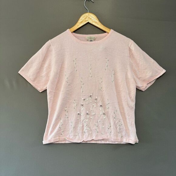 YarnWorks Women’s Pink Knit T-Shirt Size Large Acrylic Blend Short Sleeve - Picture 1 of 7